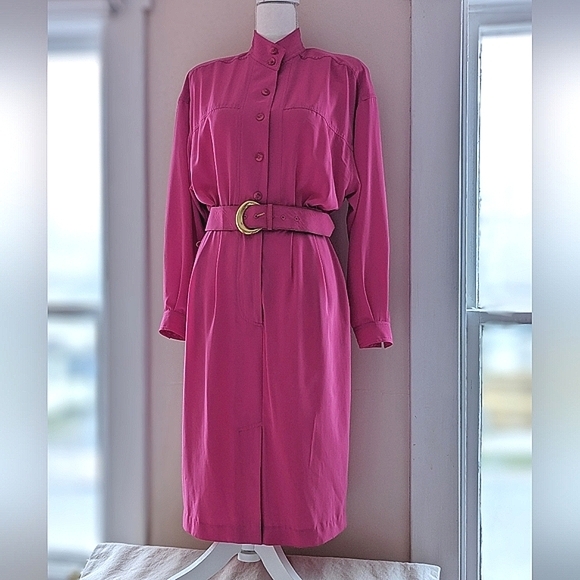 Rouie Dresses & Skirts - Vintage 1980's Bright Pink Dress Belted Button Down High Neck Pockets Size 10